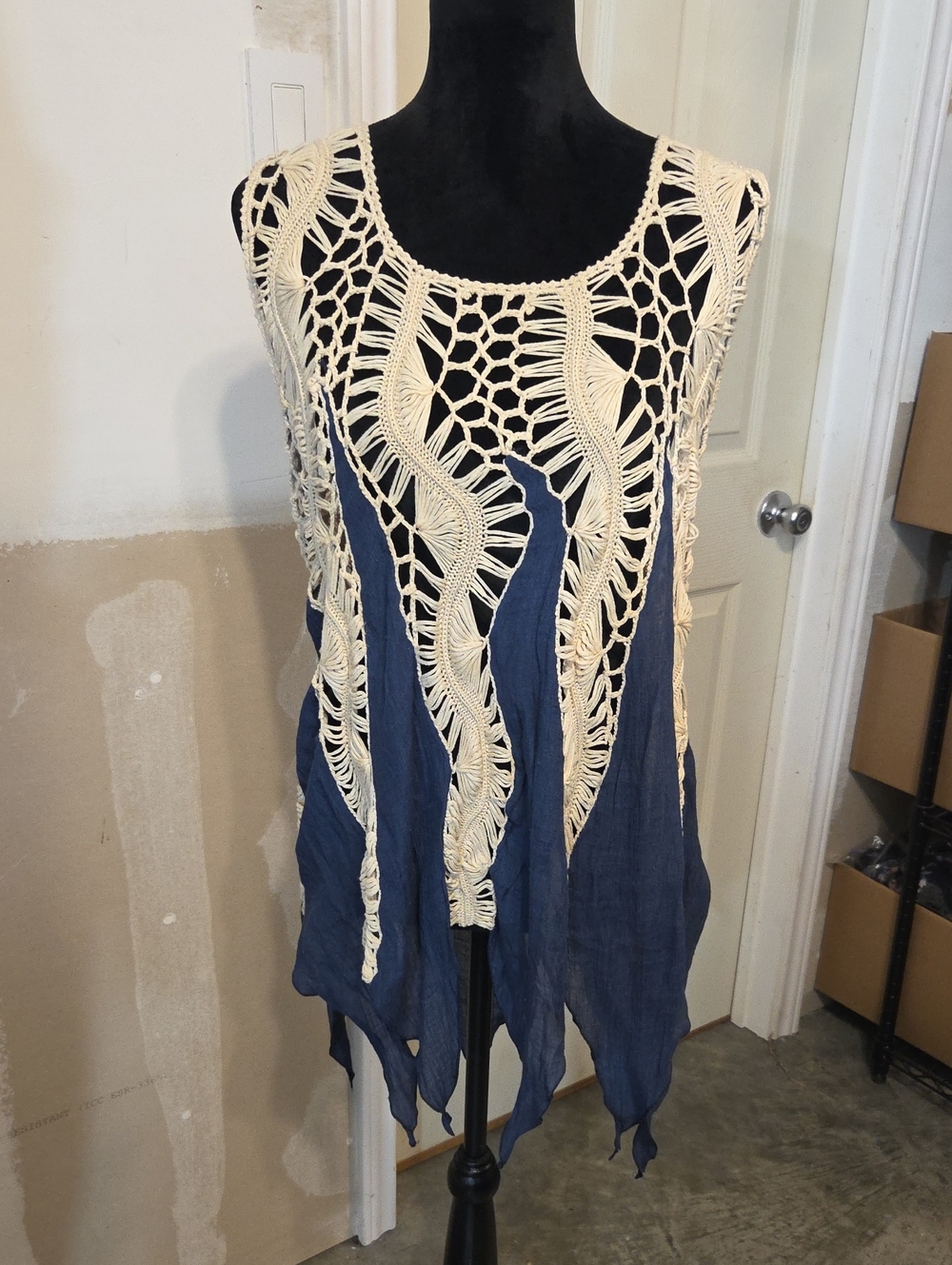 Vivid Importers Open Crochet Boho Tank Top Asymetrical Swim Coverup Festival 2X